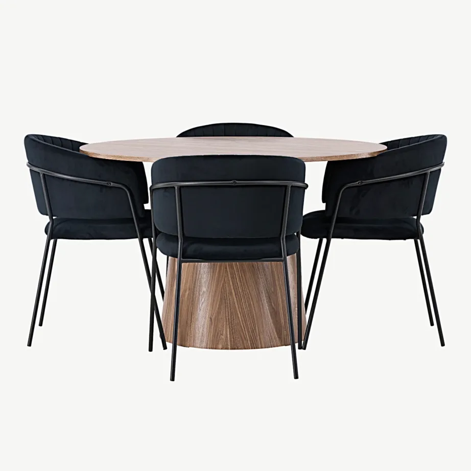 Ümmargune söögilaud Lanzo (ø120 cm, MDF) ja mustad sametist toolid Selma, GR23566 – 2