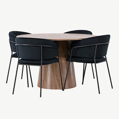 Ümmargune söögilaud Lanzo (ø120 cm, MDF) ja mustad sametist toolid Selma - GR23566