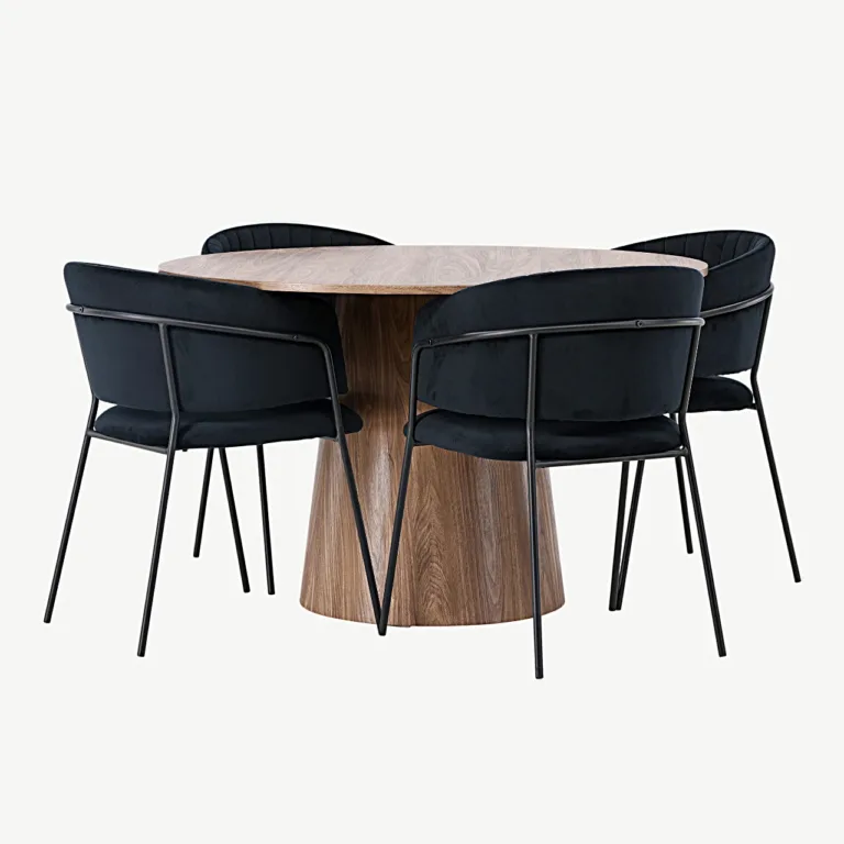 Ümmargune söögilaud Lanzo (ø120 cm, MDF) ja mustad sametist toolid Selma - GR23566