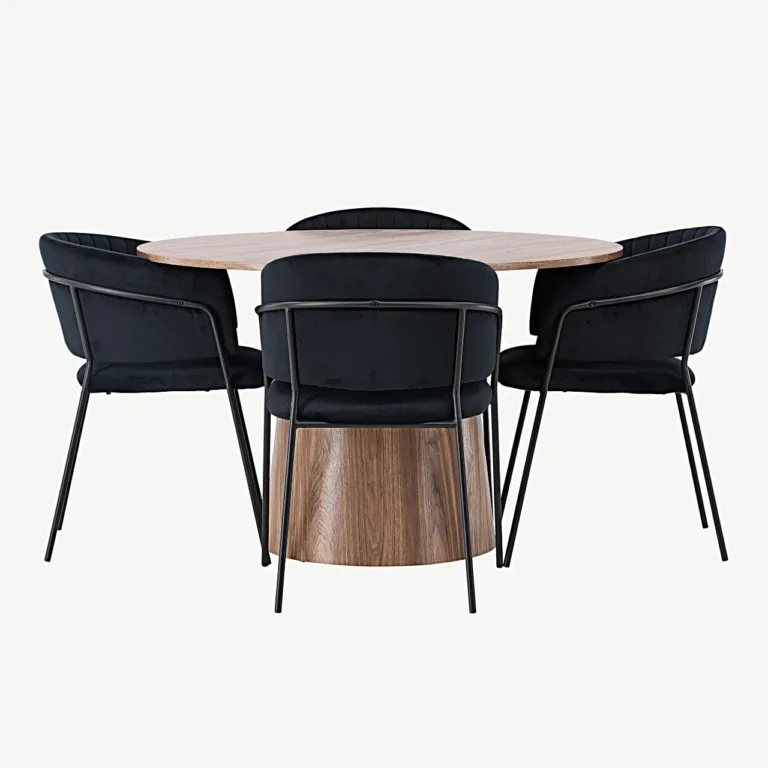 Ümmargune söögilaud Lanzo (ø120 cm, MDF) ja mustad sametist toolid Selma - GR23566