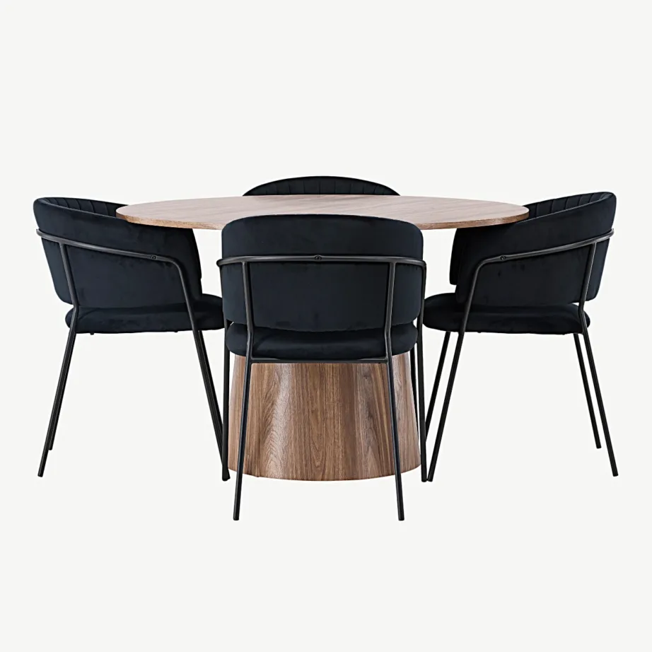 Ümmargune söögilaud Lanzo (ø120 cm, MDF) ja mustad sametist toolid Selma, GR23566 – 4