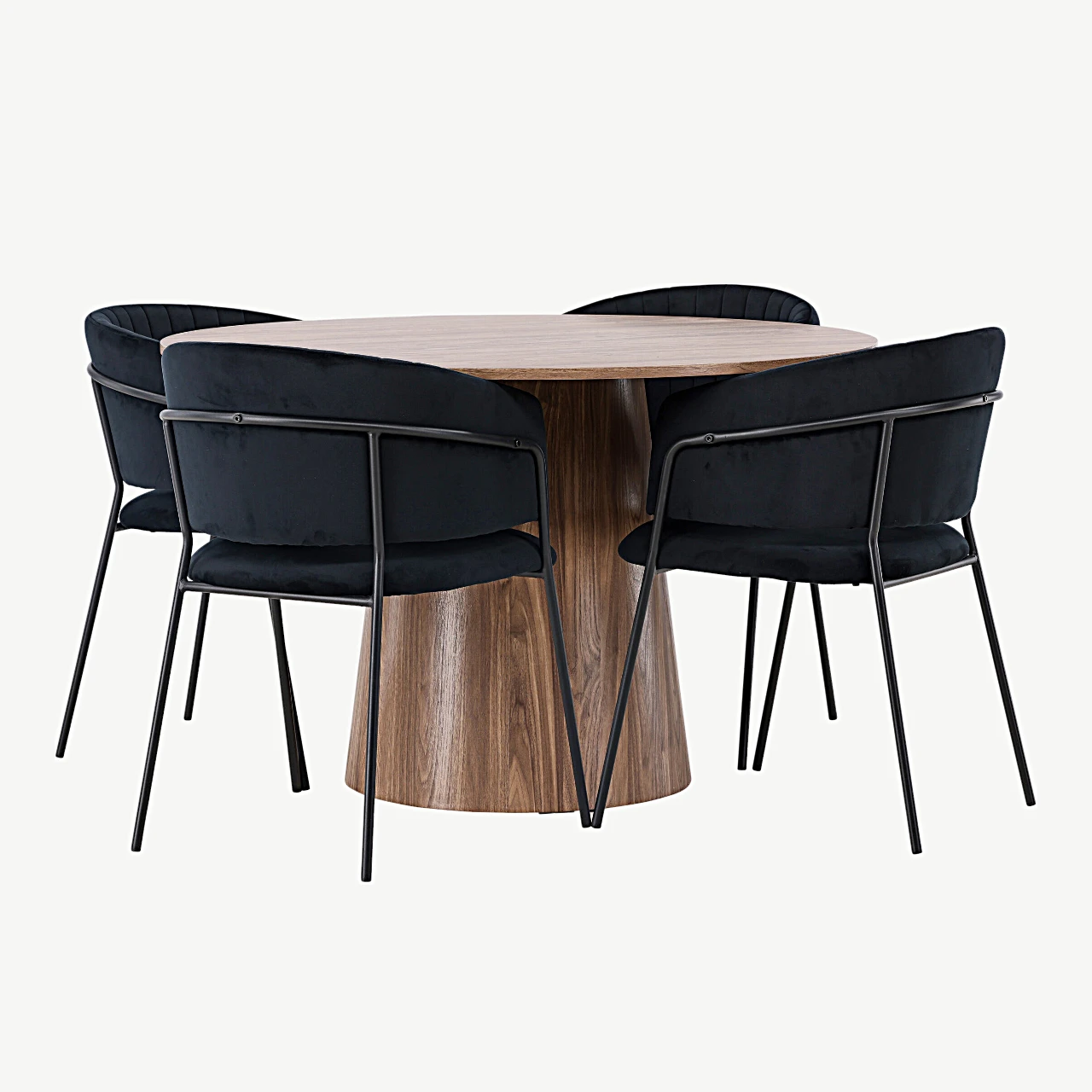Ümmargune söögilaud Lanzo (ø120 cm, MDF) ja mustad sametist toolid Selma - GR23566