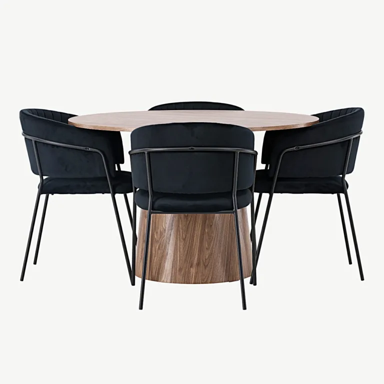 Ümmargune söögilaud Lanzo (ø120 cm, MDF) ja mustad sametist toolid Selma - GR23566