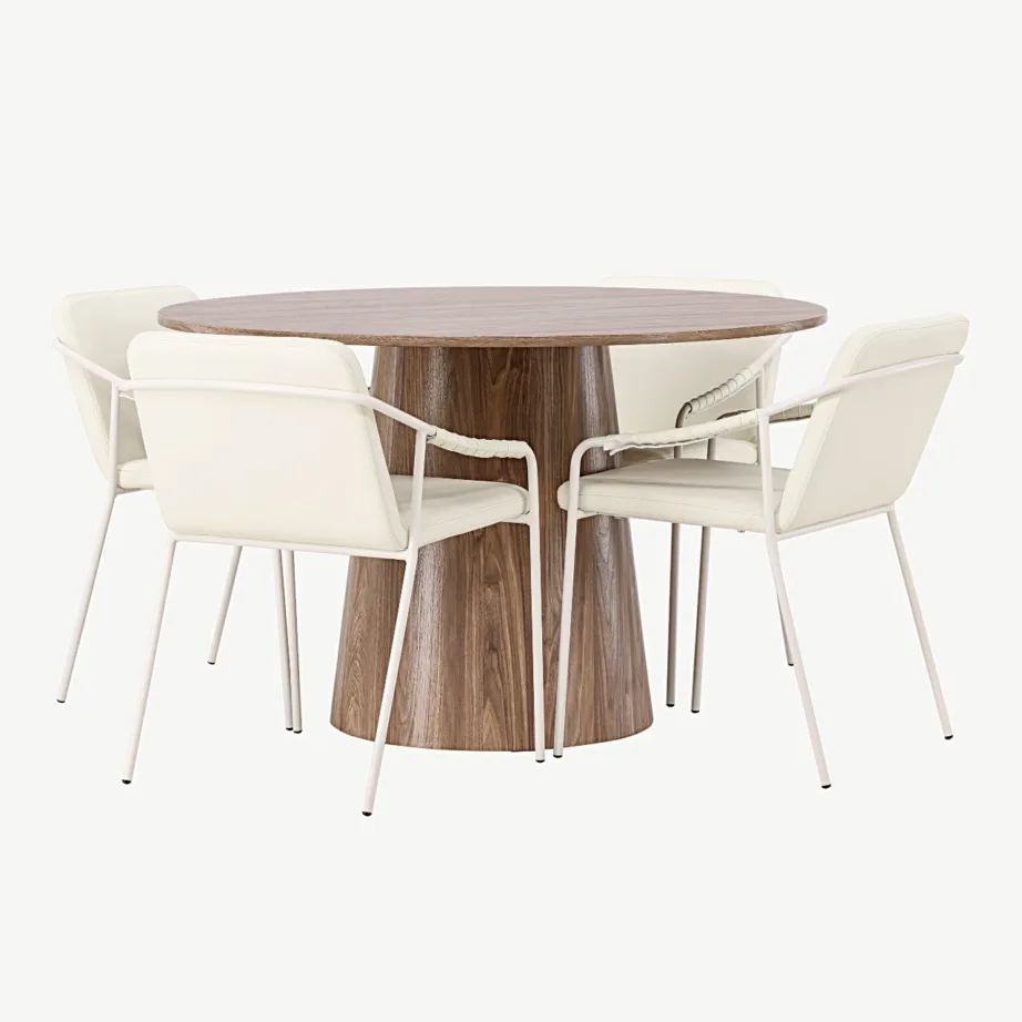 Ümmargune söögikomplekt Lanzo MDF-lauaga ja beežide polsterdatud toolidega Tvist (ø120 cm, terasraam), GR23567 – 5