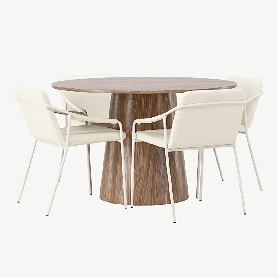 Ümmargune söögikomplekt Lanzo MDF-lauaga ja beežide polsterdatud toolidega Tvist (ø120 cm, terasraam), GR23567 – 6