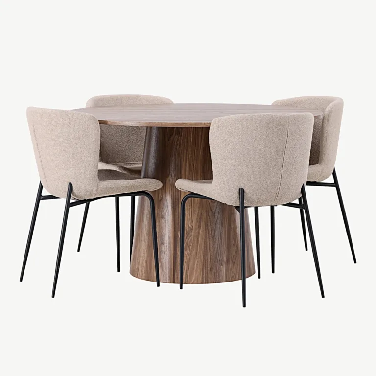 Ümar MDF-söögilaud Lanzo (ø120 cm) koos beežide buklee-toolidega Modesto - GR23568
