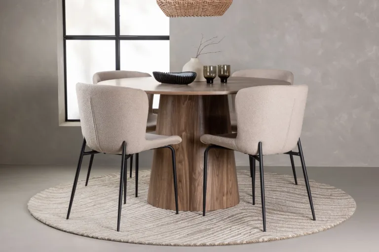 Ümar MDF-söögilaud Lanzo (ø120 cm) koos beežide buklee-toolidega Modesto - GR23568