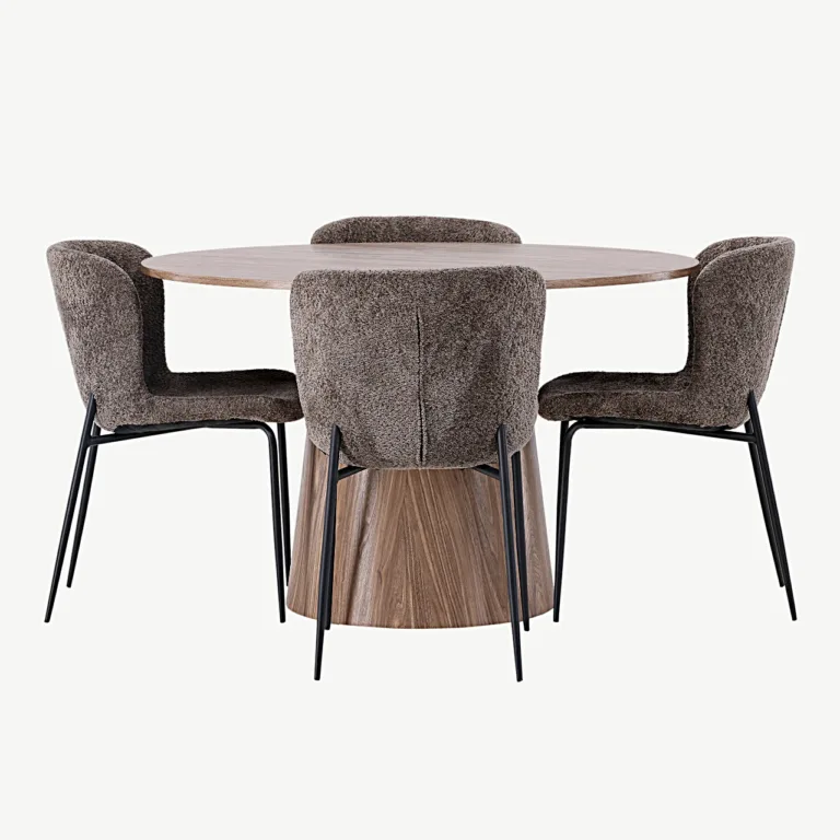 Ümmargune söögilauakomplekt Lanzo buklee kangaga Modesto toolidega (MDF, ø120 cm, tumehall) - GR23569