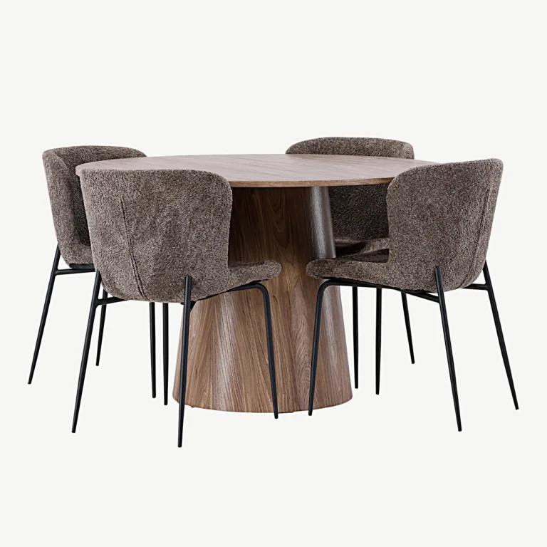 Ümmargune söögilauakomplekt Lanzo buklee kangaga Modesto toolidega (MDF, ø120 cm, tumehall) - GR23569