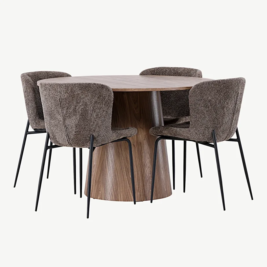 Ümmargune söögilauakomplekt Lanzo buklee kangaga Modesto toolidega (MDF, ø120 cm, tumehall), GR23569