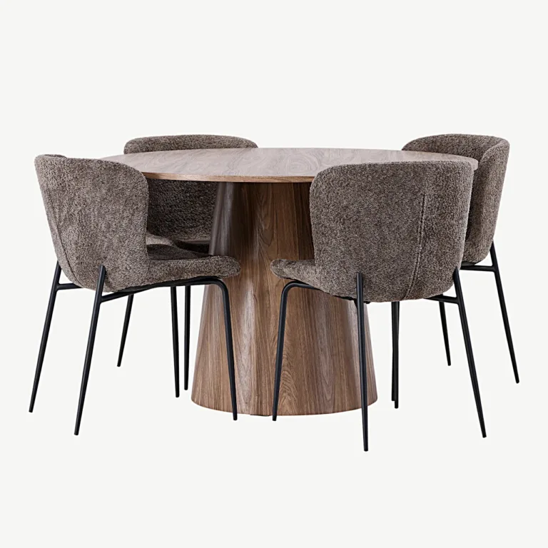 Ümmargune söögilauakomplekt Lanzo buklee kangaga Modesto toolidega (MDF, ø120 cm, tumehall) - GR23569