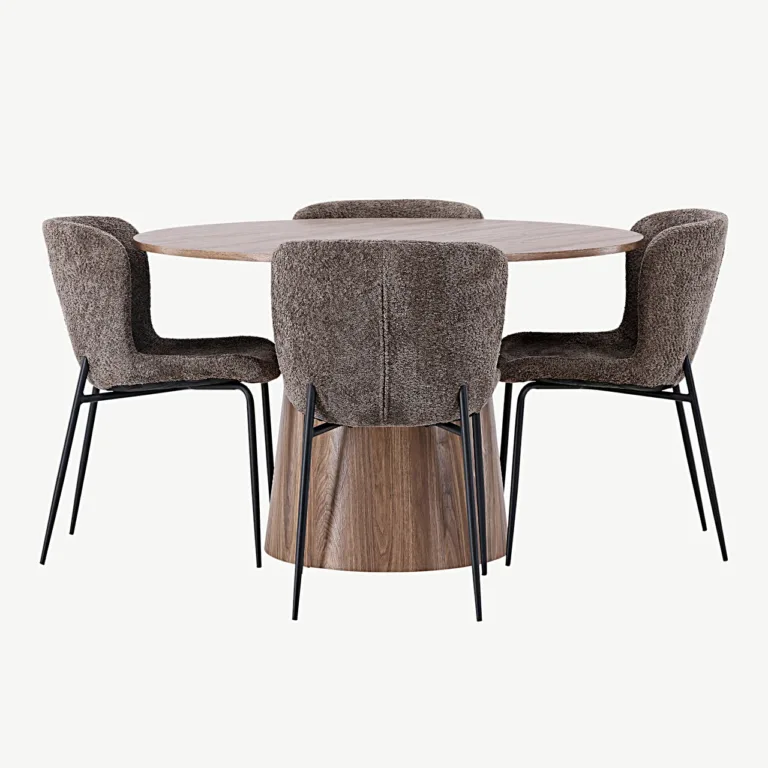 Ümmargune söögilauakomplekt Lanzo buklee kangaga Modesto toolidega (MDF, ø120 cm, tumehall) - GR23569