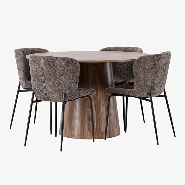 Ümmargune söögilauakomplekt Lanzo buklee kangaga Modesto toolidega (MDF, ø120 cm, tumehall) - GR23569