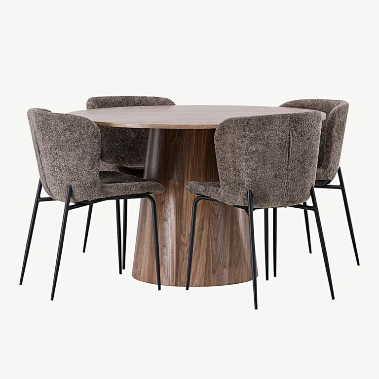 Ümmargune söögilauakomplekt Lanzo buklee kangaga Modesto toolidega (MDF, ø120 cm, tumehall) - GR23569
