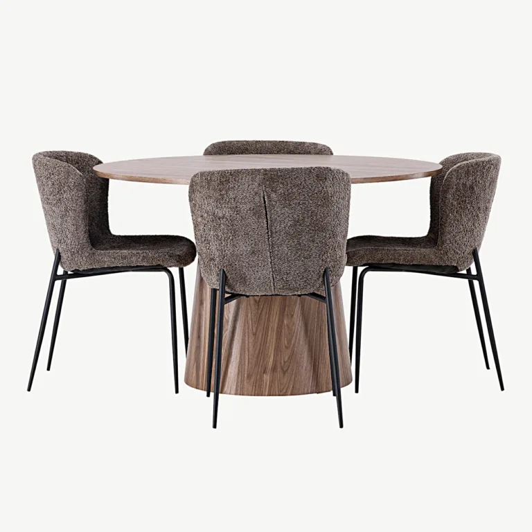Ümmargune söögilauakomplekt Lanzo buklee kangaga Modesto toolidega (MDF, ø120 cm, tumehall) - GR23569