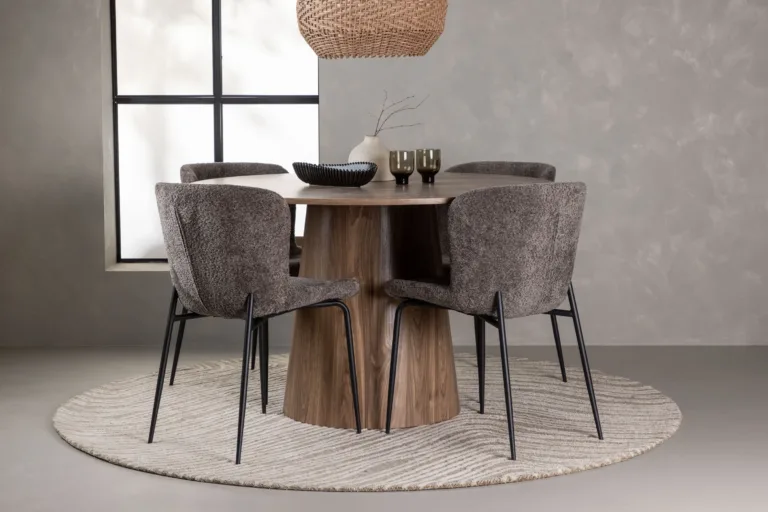 Ümmargune söögilauakomplekt Lanzo buklee kangaga Modesto toolidega (MDF, ø120 cm, tumehall) - GR23569
