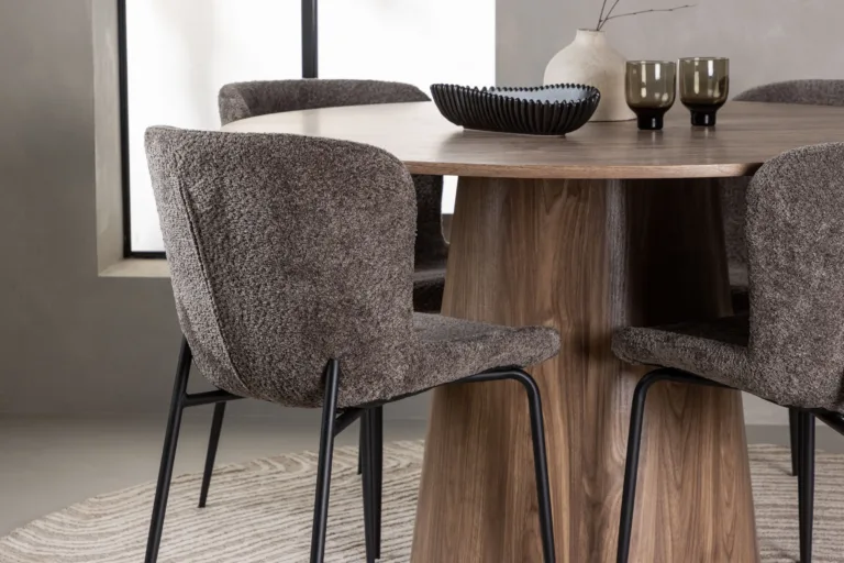 Ümmargune söögilauakomplekt Lanzo buklee kangaga Modesto toolidega (MDF, ø120 cm, tumehall) - GR23569