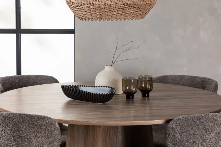 Ümmargune söögilauakomplekt Lanzo buklee kangaga Modesto toolidega (MDF, ø120 cm, tumehall) - GR23569