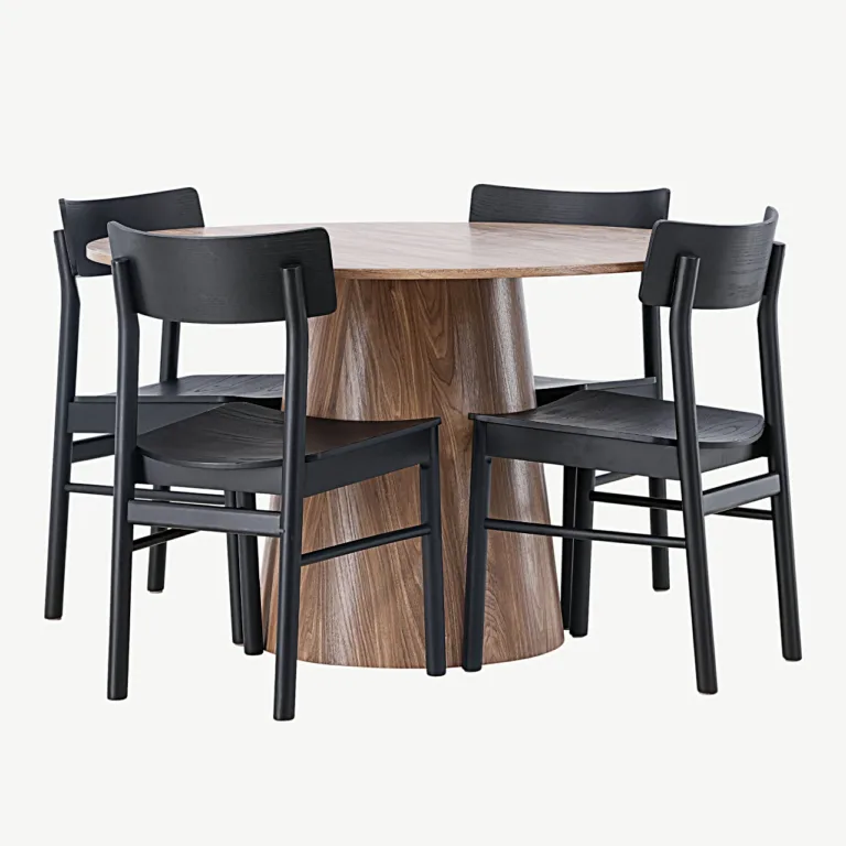 Ümmargune söögilauakomplekt Lanzo (MDF, ø120 cm) ja mustad Montros toolid - GR23570