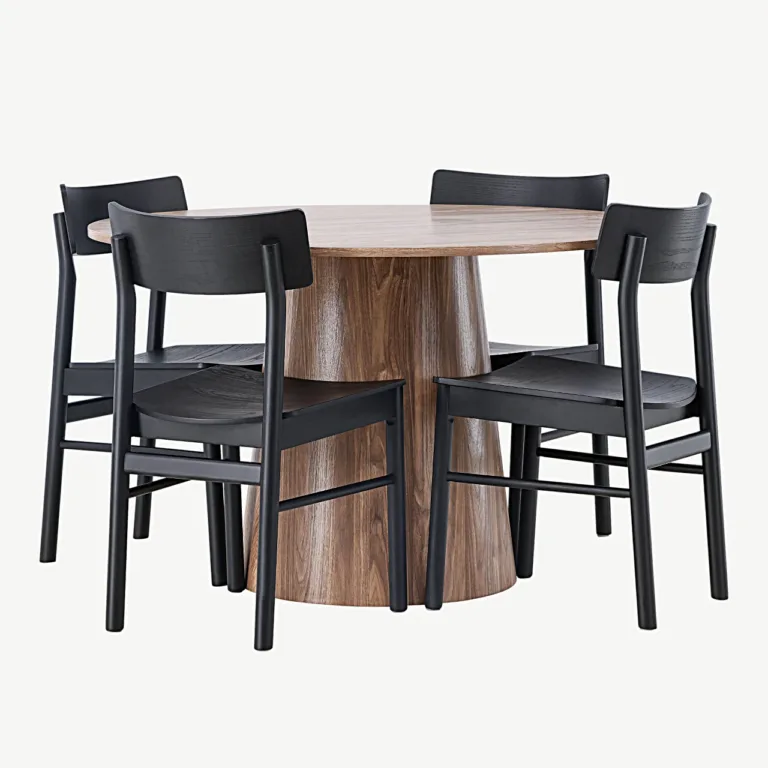 Ümmargune söögilauakomplekt Lanzo (MDF, ø120 cm) ja mustad Montros toolid - GR23570