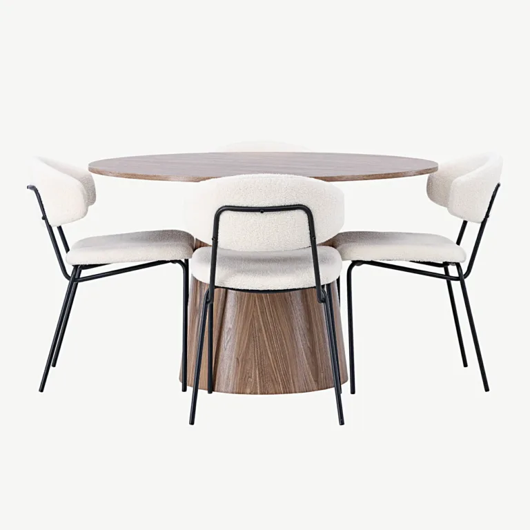Ümmargune MDF-söögilaud Lanzo ja bukleekangaga söögitoolid Chico (looduslik, valge, Ø120 cm) - GR23571