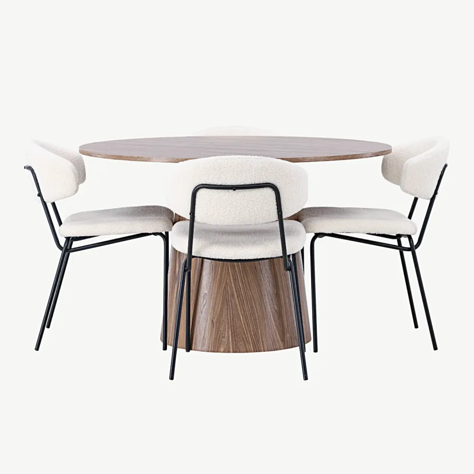 Ümmargune MDF-söögilaud Lanzo ja bukleekangaga söögitoolid Chico (looduslik, valge, Ø120 cm), GR23571 – 2