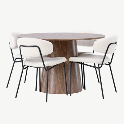Ümmargune MDF-söögilaud Lanzo ja bukleekangaga söögitoolid Chico (looduslik, valge, Ø120 cm) - GR23571