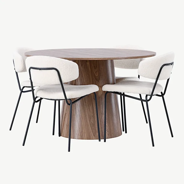 Ümmargune MDF-söögilaud Lanzo ja bukleekangaga söögitoolid Chico (looduslik, valge, Ø120 cm) - GR23571
