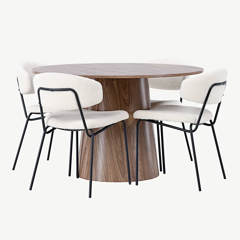 Ümmargune MDF-söögilaud Lanzo ja bukleekangaga söögitoolid Chico (looduslik, valge, Ø120 cm), GR23571