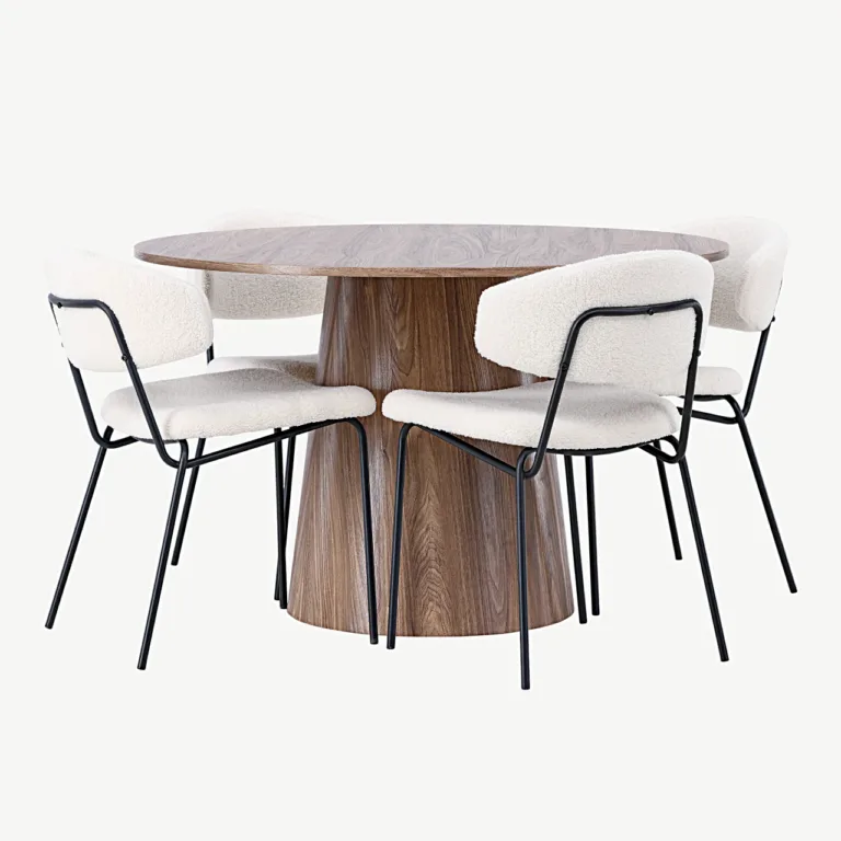 Ümmargune MDF-söögilaud Lanzo ja bukleekangaga söögitoolid Chico (looduslik, valge, Ø120 cm) - GR23571