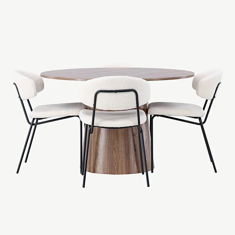 Ümmargune MDF-söögilaud Lanzo ja bukleekangaga söögitoolid Chico (looduslik, valge, Ø120 cm) - GR23571