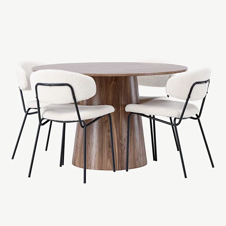 Ümmargune MDF-söögilaud Lanzo ja bukleekangaga söögitoolid Chico (looduslik, valge, Ø120 cm) - GR23571