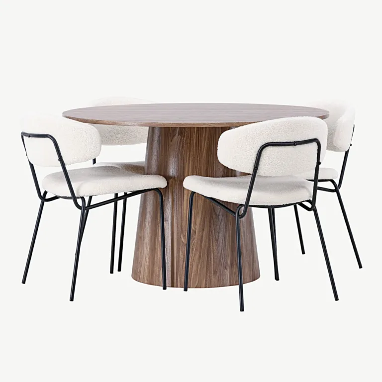 Ümmargune MDF-söögilaud Lanzo ja bukleekangaga söögitoolid Chico (looduslik, valge, Ø120 cm) - GR23571