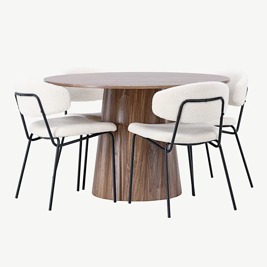 Ümmargune MDF-söögilaud Lanzo ja bukleekangaga söögitoolid Chico (looduslik, valge, Ø120 cm), GR23571 – 6