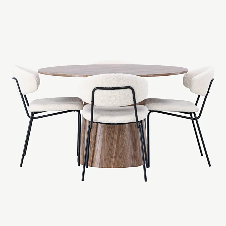 Ümmargune MDF-söögilaud Lanzo ja bukleekangaga söögitoolid Chico (looduslik, valge, Ø120 cm) - GR23571