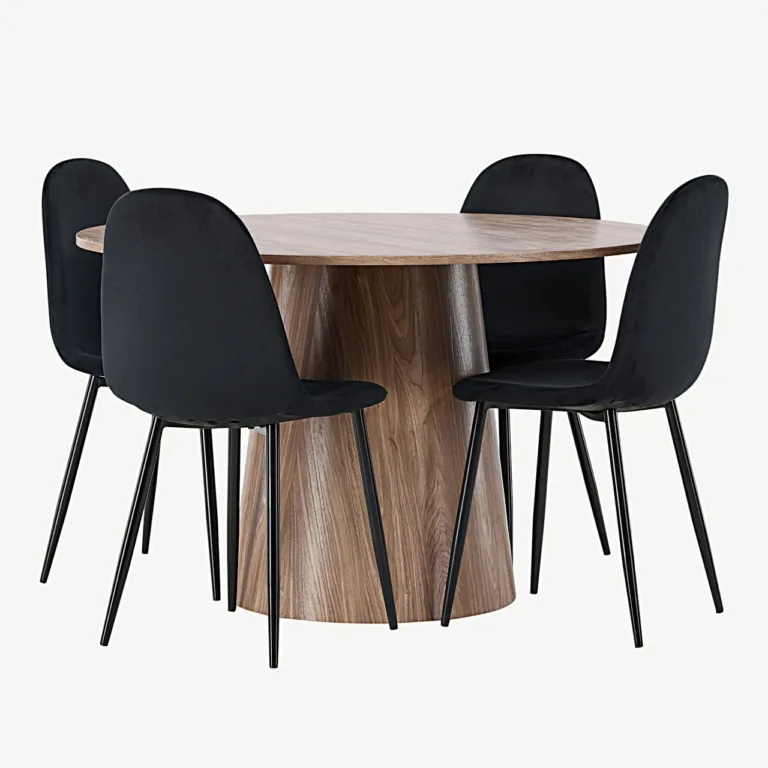 Ümmargune söögilauakomplekt Lanzo ja mustad velvetist toolid Polar (MDF, ø120 cm) - GR23572