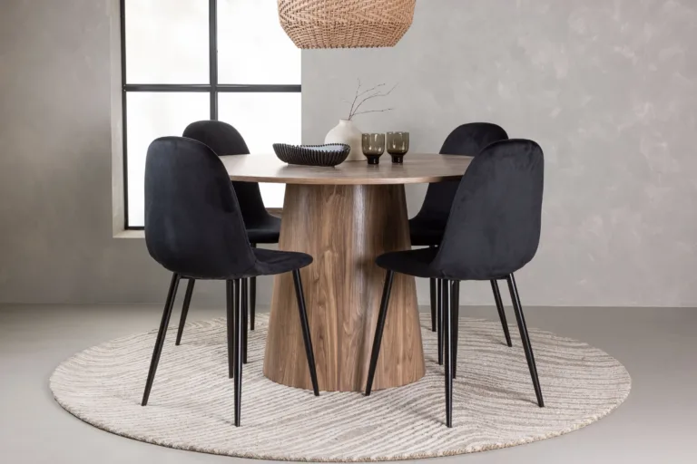 Ümmargune söögilauakomplekt Lanzo ja mustad velvetist toolid Polar (MDF, ø120 cm) - GR23572