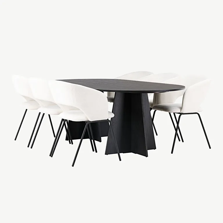 Ovaalne söögilauakomplekt Bootcut musta MDF lauaplaadiga ja Day murdvalgete polsterdatud toolidega (6 tk) - GR23769
