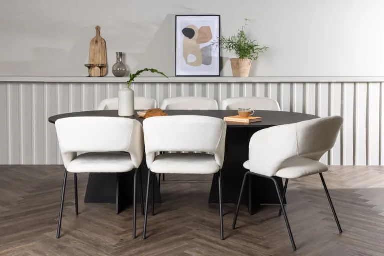 Ovaalne söögilauakomplekt Bootcut musta MDF lauaplaadiga ja Day murdvalgete polsterdatud toolidega (6 tk) - GR23769