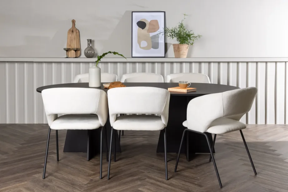 Ovaalne söögilauakomplekt Bootcut musta MDF lauaplaadiga ja Day murdvalgete polsterdatud toolidega (6 tk), GR23769 – 5