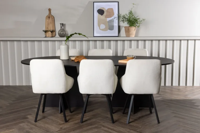 Ovaalse söögilaua ja Rosie toolide komplekt Bootcut, must MDF laud ja 6 beeži tooli - GR23772