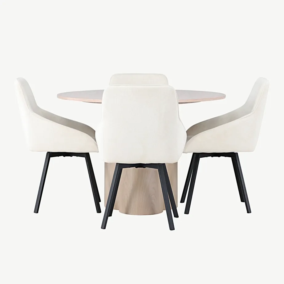 Ümmargune söögilauakomplekt Olivia valgeks peitsitud MDF lauaga ja beežide Rosie polsterdatud toolidega, GR23806 – 2