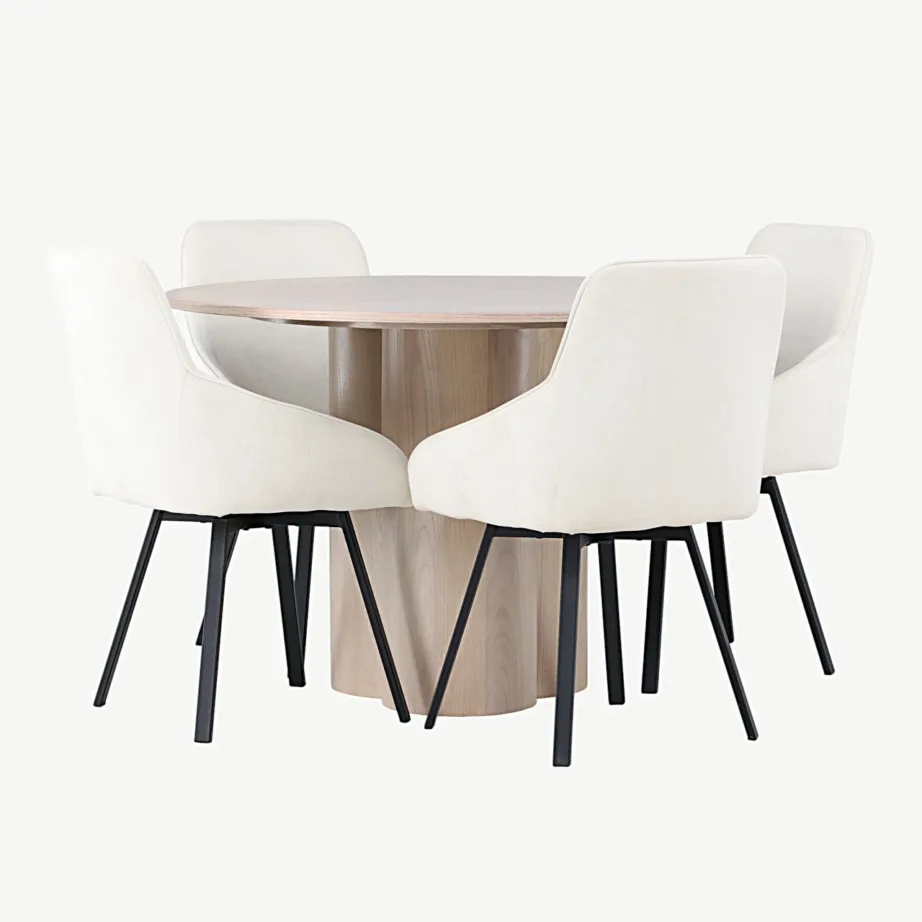 Ümmargune söögilauakomplekt Olivia valgeks peitsitud MDF lauaga ja beežide Rosie polsterdatud toolidega, GR23806 – 3