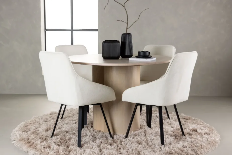 Ümmargune söögilauakomplekt Olivia valgeks peitsitud MDF lauaga ja beežide Rosie polsterdatud toolidega, GR23806 – 4