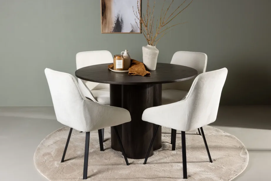 Ümmarguse mokkavärvi söögilaua Olivia (⌀110 cm) ja beežide täispolsterdatud söögitoolide Rosie komplekt, GR23814 – 4