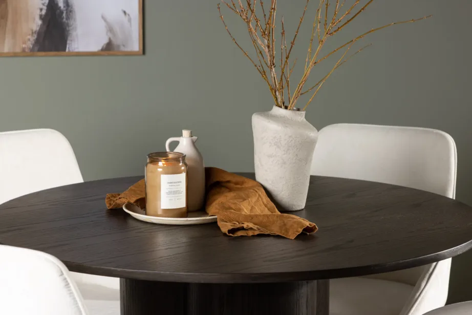 Ümmarguse mokkavärvi söögilaua Olivia (⌀110 cm) ja beežide täispolsterdatud söögitoolide Rosie komplekt, GR23814 – 6