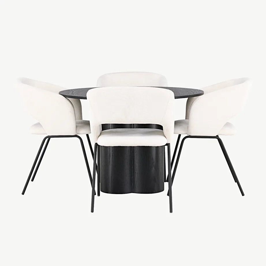 Ümmargune söögilauakomplekt Olivia, must MDF laud ja 4 Day tooli murdvalge polüestriga, GR23828 – 2