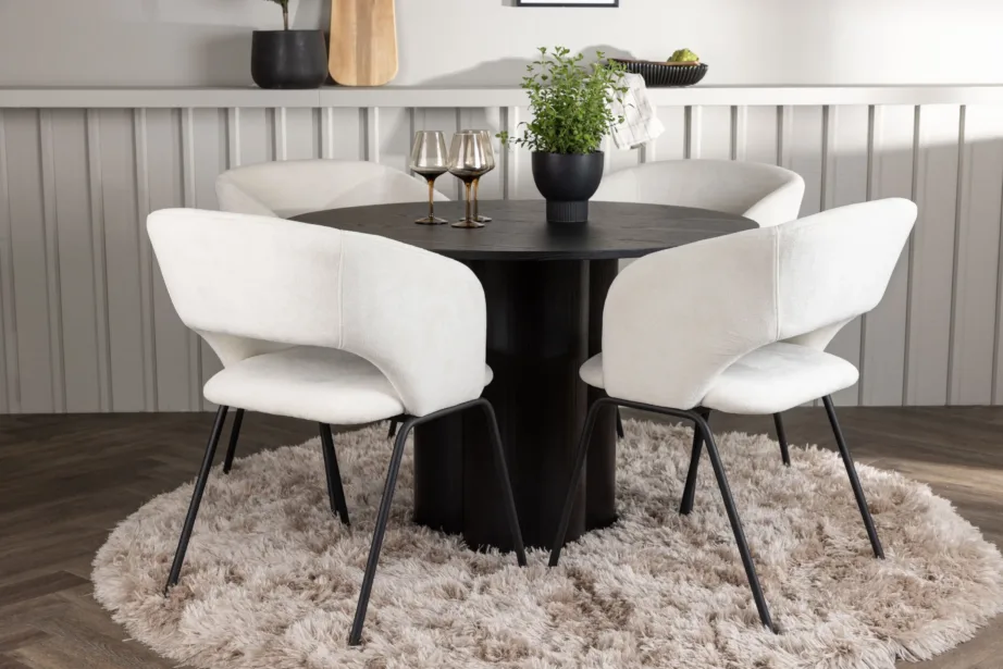 Ümmargune söögilauakomplekt Olivia, must MDF laud ja 4 Day tooli murdvalge polüestriga, GR23828 – 4