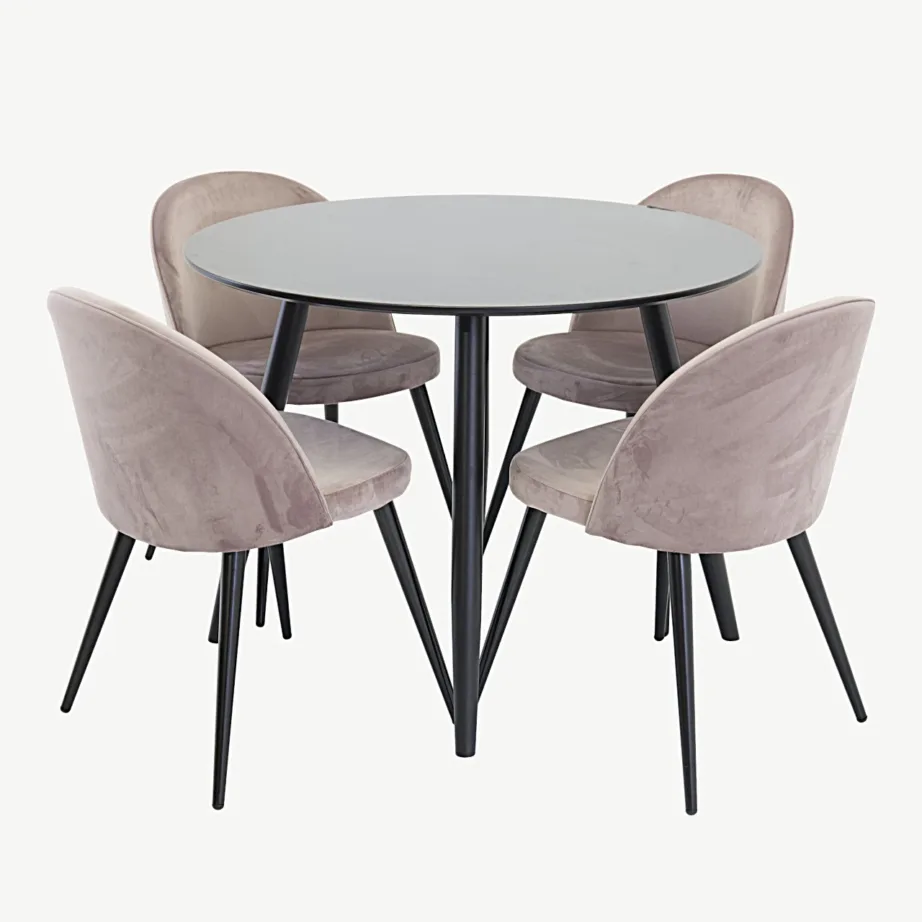 Ümmargune must söögilauakomplekt Plaza, neli tolmuroosat samettooli (ø100 cm, MDF) - GR24129