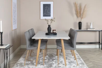 Valge söögilaud toolidega Polar ja helehallid Mace söögitoolid (180x90 cm, MDF) - GR24195
